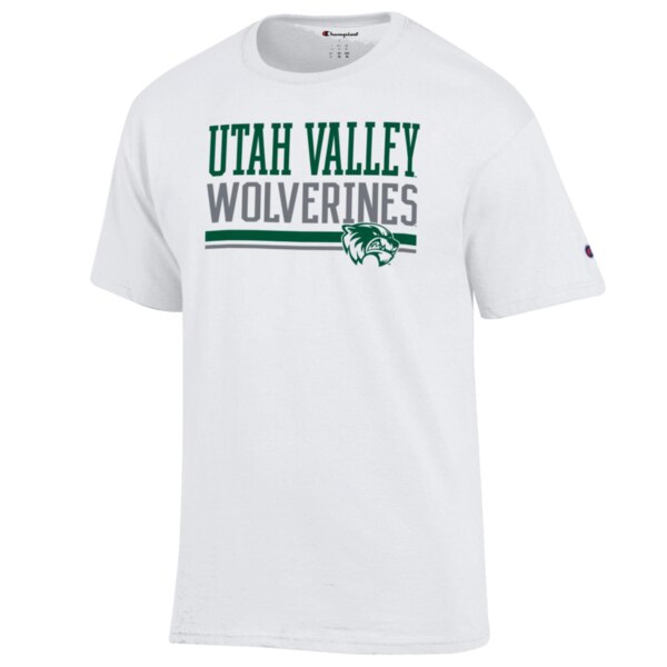 White with green utah valley, grey wolverines and two lines and mascot